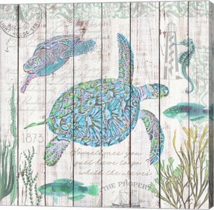 Framed Sea Turtles on Driftwood Panel Print