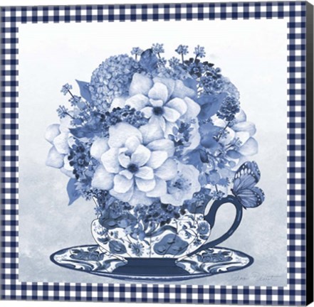 Framed Blue Teacup Bouquet D Print