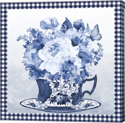 Framed Blue Teacup Bouquet E Print