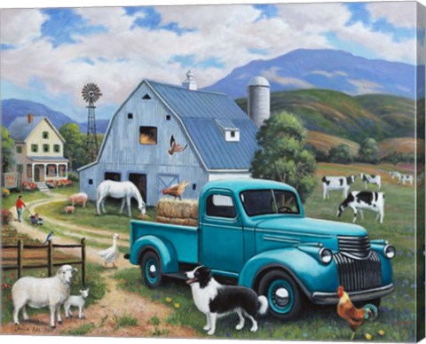 Framed Down at the Farm with a Blue Truck Print