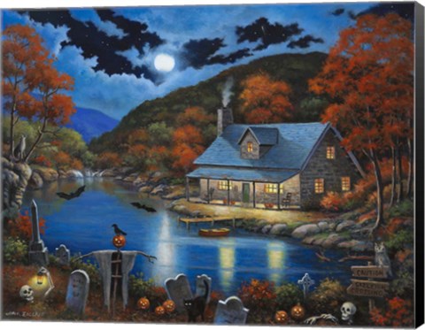 Framed Cabin on Halloween Lake Print