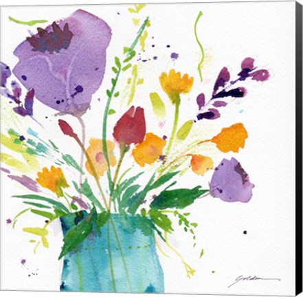 Framed Teal Vase With Bright Flowers Print
