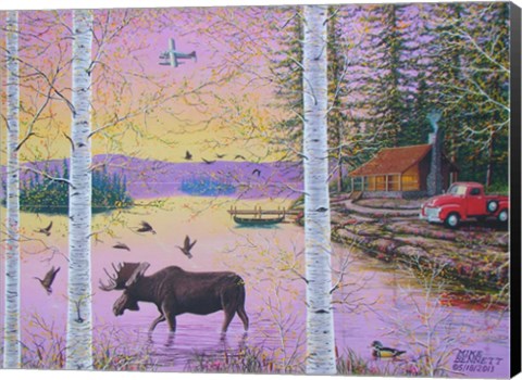 Framed Moose Lodge with Float Plane Print