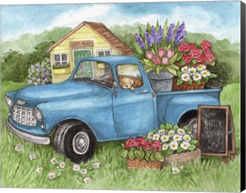 Framed Blue Truck Flowers Hello Spring Print