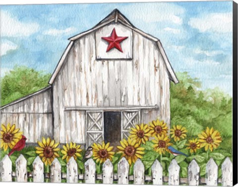 Framed Barn Fence Sunflowers and Birds Print