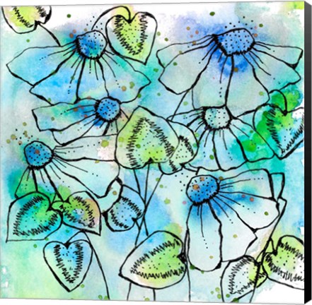 Framed Blue Bursts and Blossoms Square Print