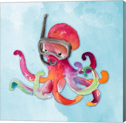 Framed Snorkeling Octopus on Watercolor Print