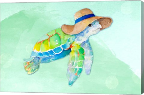 Framed Turtle With Hat on Watercolor (blue) Print