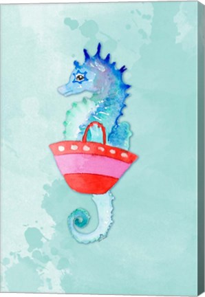 Framed Seahorse With Bag on Watercolor (blue) Print