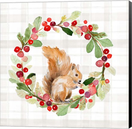 Framed Holiday Woodland Wreath on Plaid II Print