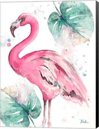 Framed Watercolor Leaf Flamingo I Print