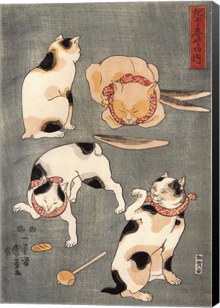 Framed Kuniyoshi Utagawa Four Cats in Different Poses 1830 Print