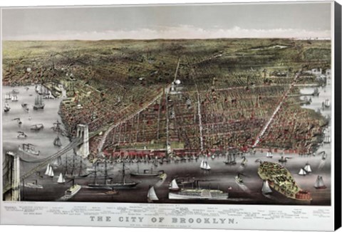 Framed Brooklyn Birds Eye View Currier &amp; Ives 1879 Print