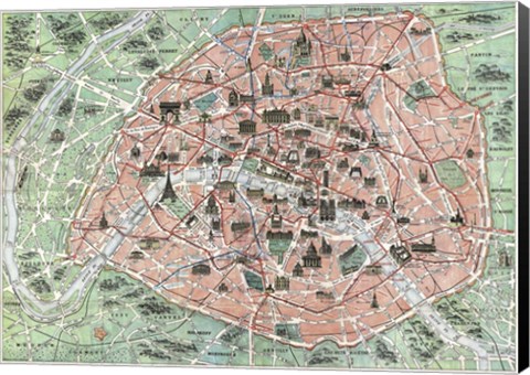 Framed 1920 tourist pocket map of Paris Print