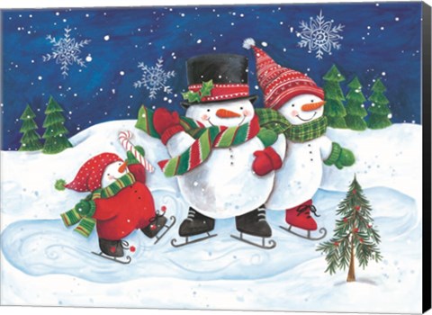 Framed Happy Snowmen Family on Skates Print