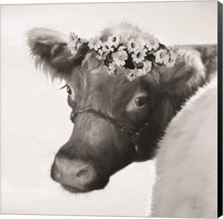 Framed Brown Cow with Flowers Print