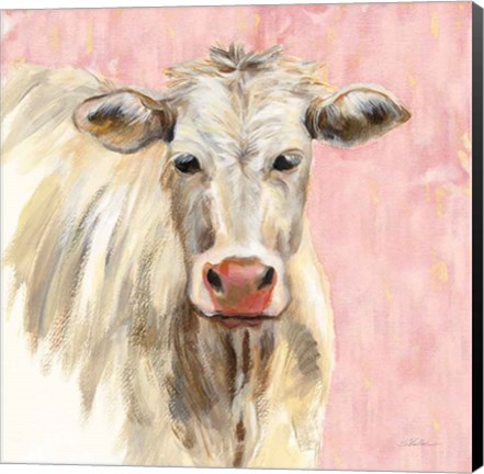 Framed White Cow on Pink Print