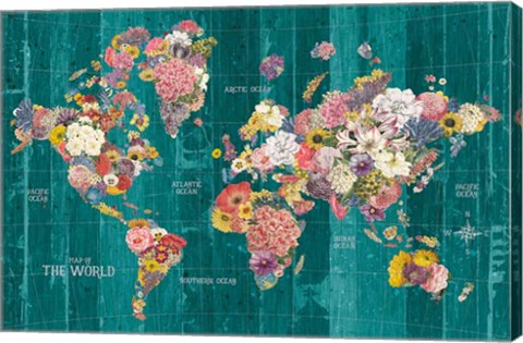 Framed Botanical Floral Map Words Aqua Print