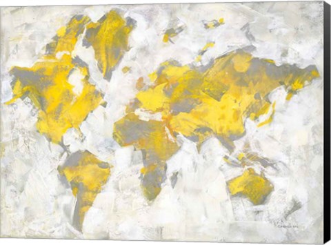 Framed World Map Yellow Gray Print