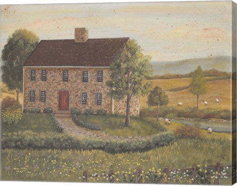 Framed Stone House with Wild Flowers Print