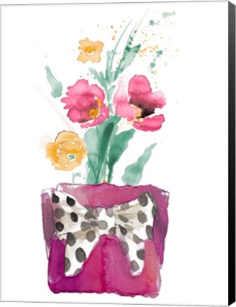 Framed Watercolor Poppies in Pot with Bow Print