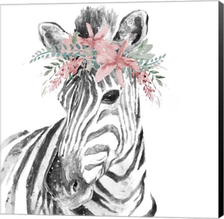 Framed Water Zebra with Floral Crown Square Print