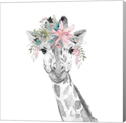 Framed Water Giraffe with Floral Crown Square Print