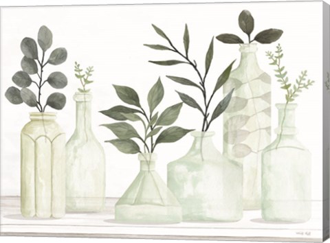 Framed Bottles and Greenery II Print