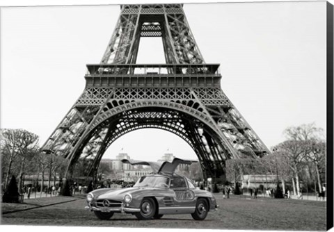 Framed Roadster Under the Eiffel Tower (BW) Print