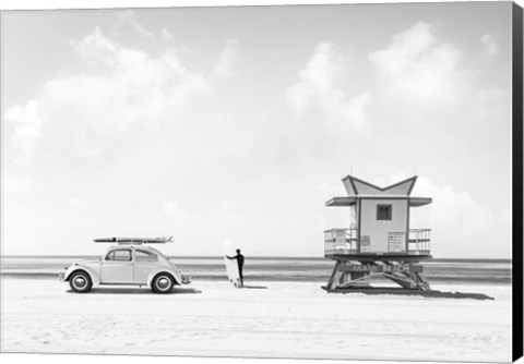 Framed Waiting for the Waves, Miami Beach (BW) Print