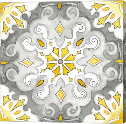 Framed Jewel Medallion yellow gray I Print