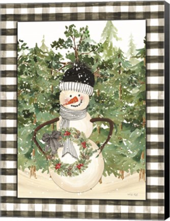 Framed Snowman with Wreath Print