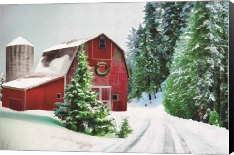 Framed Winter Pines Red Barn Print