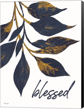 Framed Blessed Navy Gold Leaves Print