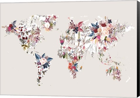 Framed Worldmap Flowers (Light) Print