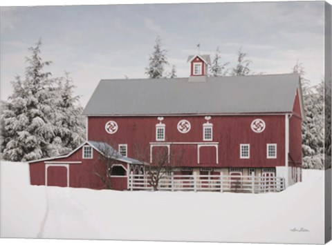 Framed Red Barn in the Pines Print