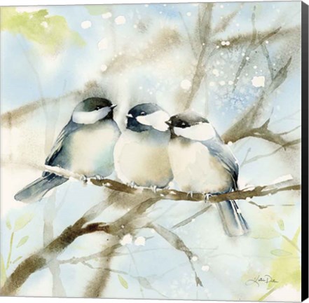 Framed Three Chickadees in Spring Sq Print