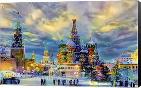 Framed Moscow Russia Saint Basil's Cathedral Kremlin Red Square ice snow and skating Print