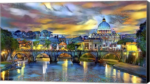 Framed Vatican City Saint Peter Basilica and bridge by night Print