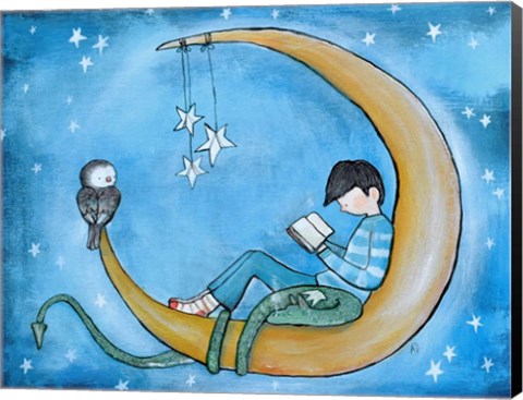 Framed Boy Reading On Moon Print