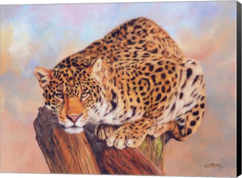 Framed Jaguar On Tree Stump Print