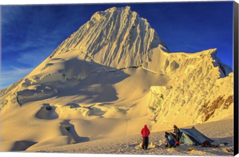 Framed Mountaineers Camping on Alpamayo Mountain at Sunrise, Peru Print