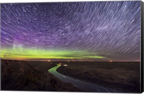 Framed Circumpolar Star Trails and Aurora Over the Red Deer River, Alberta Print