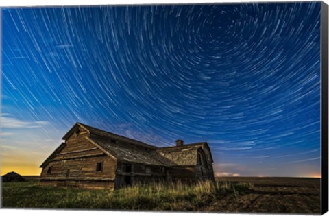 Framed Circumpolar Star Trails Over An Old Barn in Southern Alberta Print