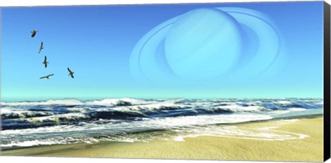 Framed Flock of Seagulls Fly Over Ocean Waves With Saturn Planet in the Sky Print