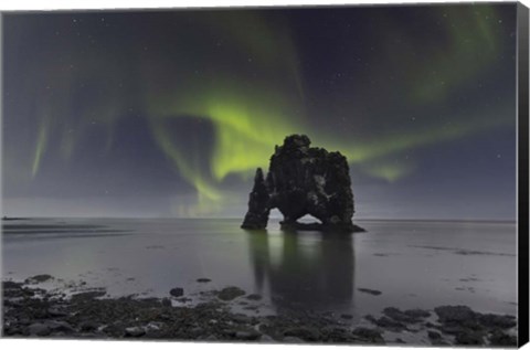 Framed Northern Lights Over Hvitserkur, a Spectacular Rock Formation in Iceland Print
