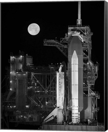 Framed Space Shuttle Discovery Sits Atop the Launch Pad With a Full Moon in Background Print