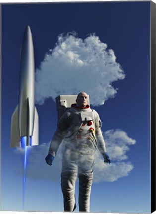 Framed Human Astronaut in Front of a Rocketship Taking Off Print