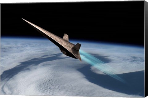 Framed Unmanned Scramjet Flys Toward Outer Space Near the Edge of Earth&#39;s Atmosphere Print