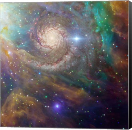 Framed Spiral Galaxy in a Colorful Deep Space Scene Print